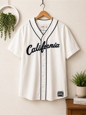 Hollister White Baseball Jersey with Navy Script